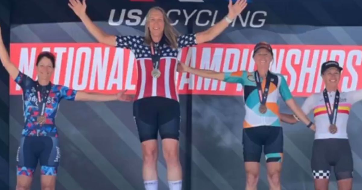 This X screen shot shows the podium finishers at the age 55-59 bracket at the Masters and Junior Road Race National Championships in Lyons, Wisconsin on July 1, 2025.