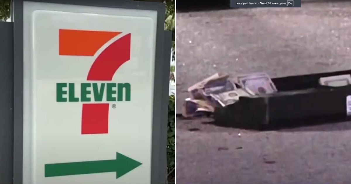 A cash register drawer with money still inside was filmed by a news crew after the robbery at a 7-Eleven in Dania Beach, Florida.