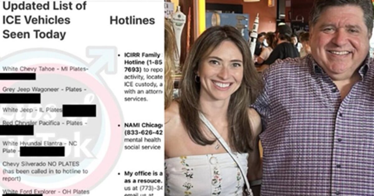 Image showing a list of ICE vehicles seen today alongside two smiling individuals, with hotlines for assistance and resources visible in the background.