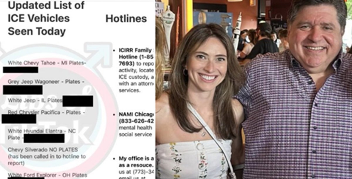 Image showing a list of ICE vehicles seen today alongside two smiling individuals, with hotlines for assistance and resources visible in the background.