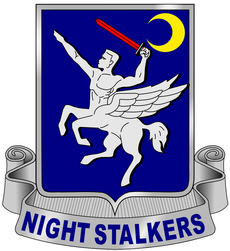 Emblem of the Night Stalkers featuring a winged figure with a sword against a blue background, symbolizing stealth and aerial capability.