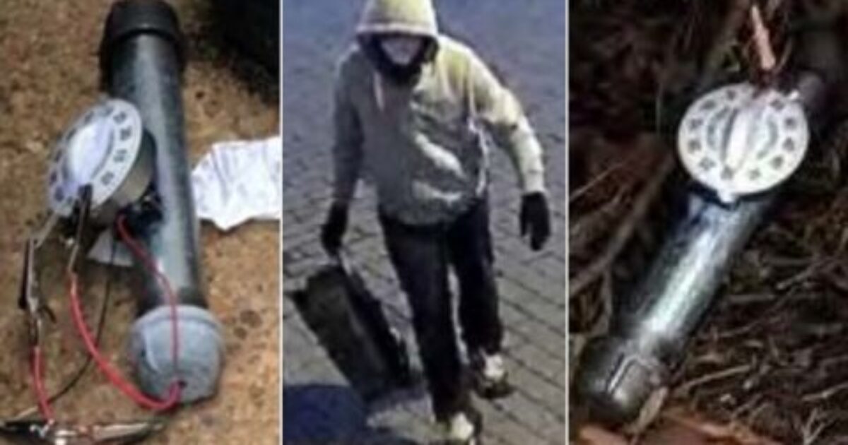 Suspicious device with wires and a timer, alongside a suspect in a hoodie carrying a bag, potentially related to a security incident.