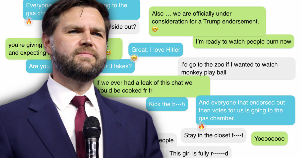 Image featuring a serious-looking man with a microphone alongside controversial text messages discussing political endorsements and inflammatory remarks.