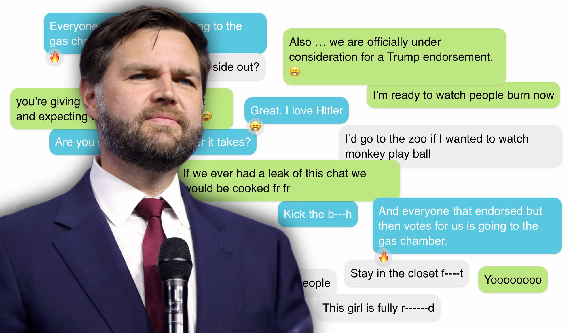 Image featuring a serious-looking man with a microphone alongside controversial text messages discussing political endorsements and inflammatory remarks.