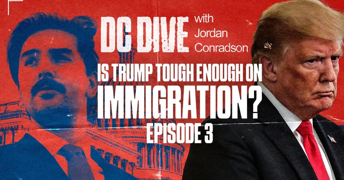 Graphic promoting episode 3 of DC Dive with Jordan Conradson, discussing Trump's immigration policies against a red and blue background featuring iconic Washington, D.C. imagery.