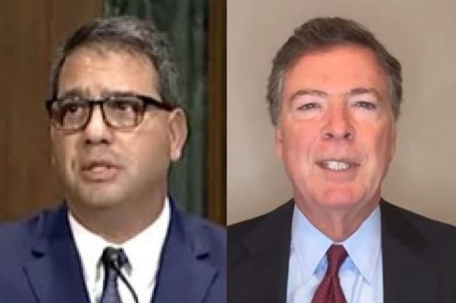 Two men in suits, one speaking at a Senate hearing and the other in a virtual meeting, discussing important topics.