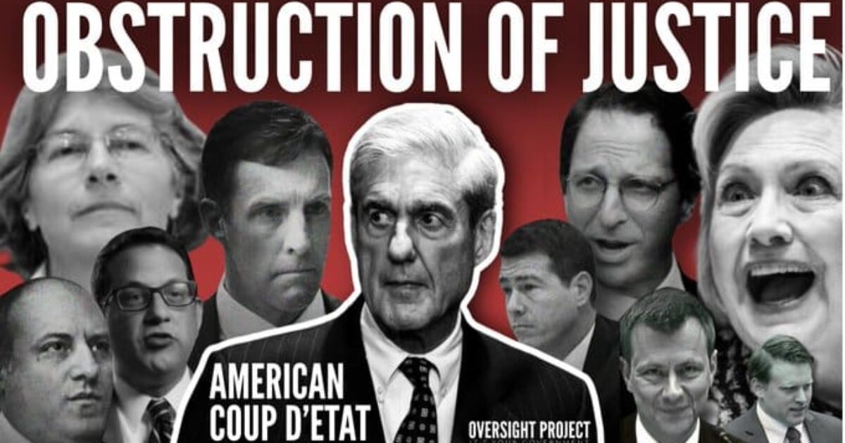 Image depicting various political figures with the text "Obstruction of Justice" and "American Coup D'état," highlighting themes of political controversy and accountability.