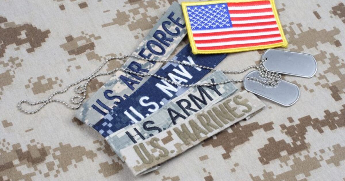 Military insignias including U.S. Air Force, Navy, Army, and Marines patches alongside dog tags and an American flag on a camouflage background.