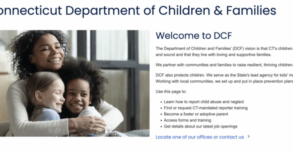 Connecticut Department of Children and Families website featuring a diverse group of women and children, highlighting support for child welfare and family services.