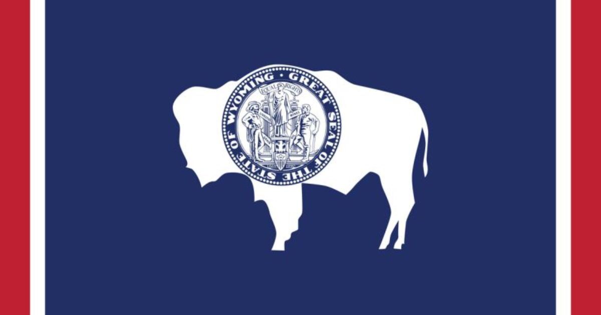 Wyoming state flag featuring a white bison silhouette and the state seal centered on a blue background with red borders.