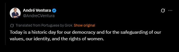 André Ventura's tweet highlights a significant day for democracy, emphasizing the importance of values, identity, and women's rights.