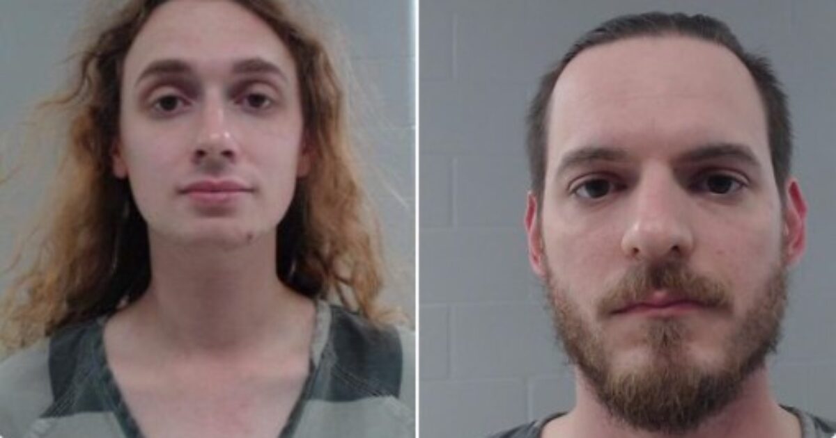 Mugshots of two individuals, one with long curly hair and the other with a short beard, both wearing striped prison attire.