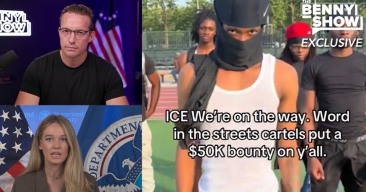 Image featuring a news segment with a host, a government official discussing cartels, and individuals in a threatening stance, highlighting a $50K bounty announcement.
