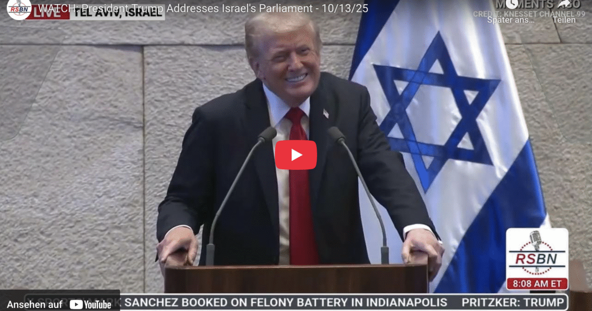 Former President Trump delivers a speech at the Israeli Parliament in Tel Aviv, highlighting U.S.-Israel relations on October 13, 2025.