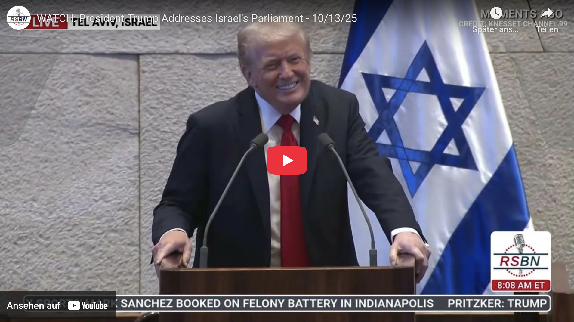 Former President Trump delivers a speech at the Israeli Parliament in Tel Aviv, highlighting U.S.-Israel relations on October 13, 2025.