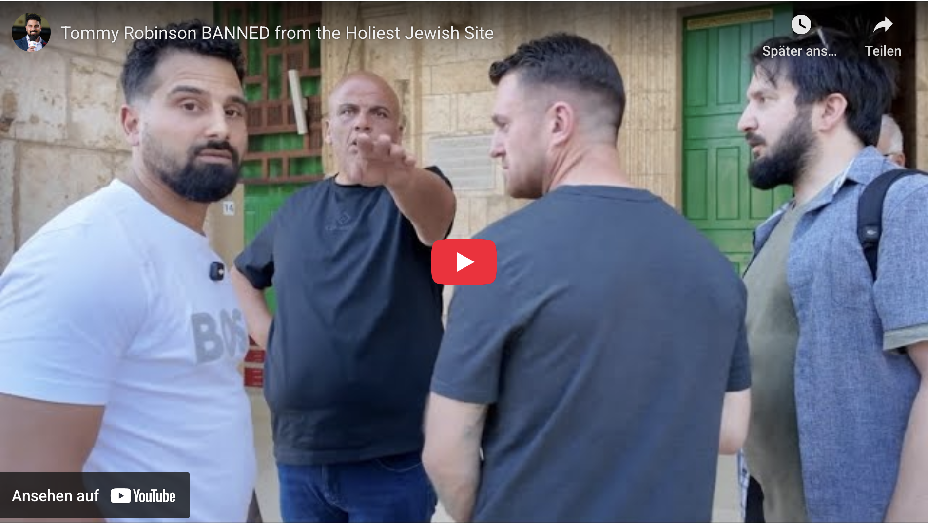 Group of men discussing an incident involving Tommy Robinson at a significant religious site, highlighting tensions and security concerns.