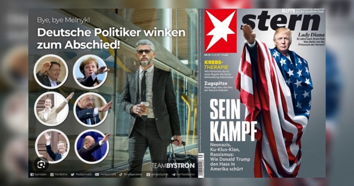 Image features a collage of German politicians bidding farewell, alongside a magazine cover with Donald Trump draped in an American flag, highlighting political themes.