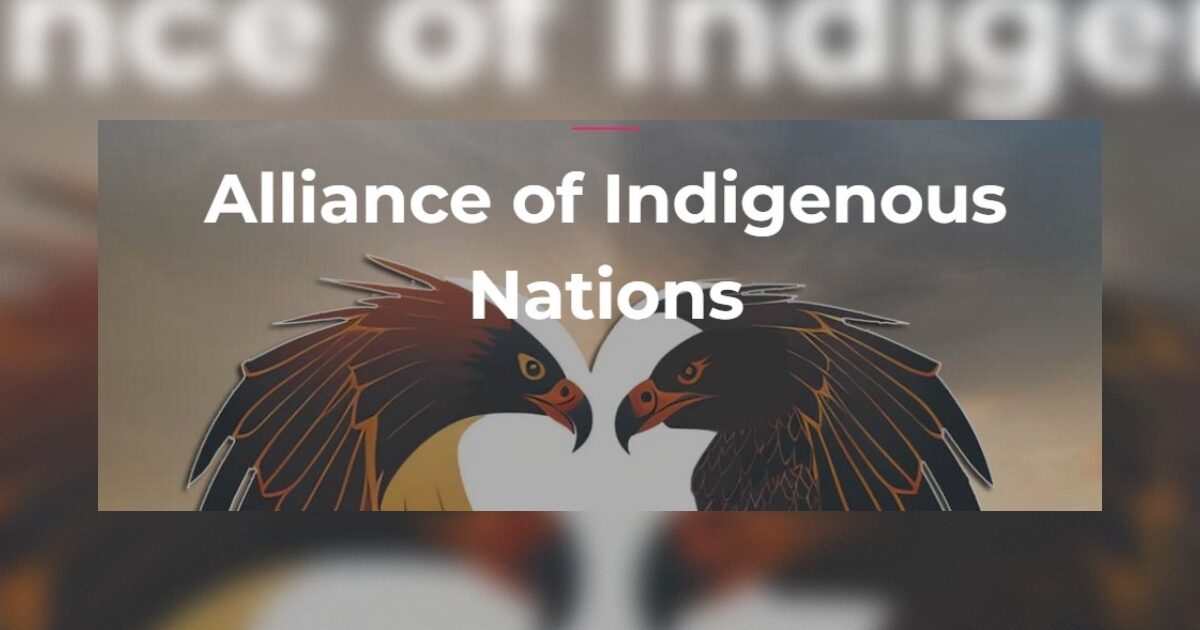 Logo of the Alliance of Indigenous Nations featuring two stylized eagles facing each other, symbolizing unity and strength among Indigenous communities.