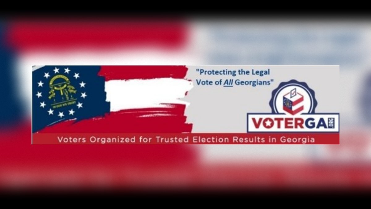 VoterGA logo promoting trusted election results in Georgia, featuring the state flag and emphasizing the protection of legal votes for all Georgians.