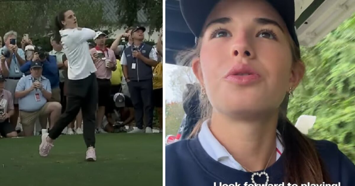 Young female golfer swings at a tournament while fans watch eagerly, showcasing the excitement of the sport and the athlete's passion for playing.
