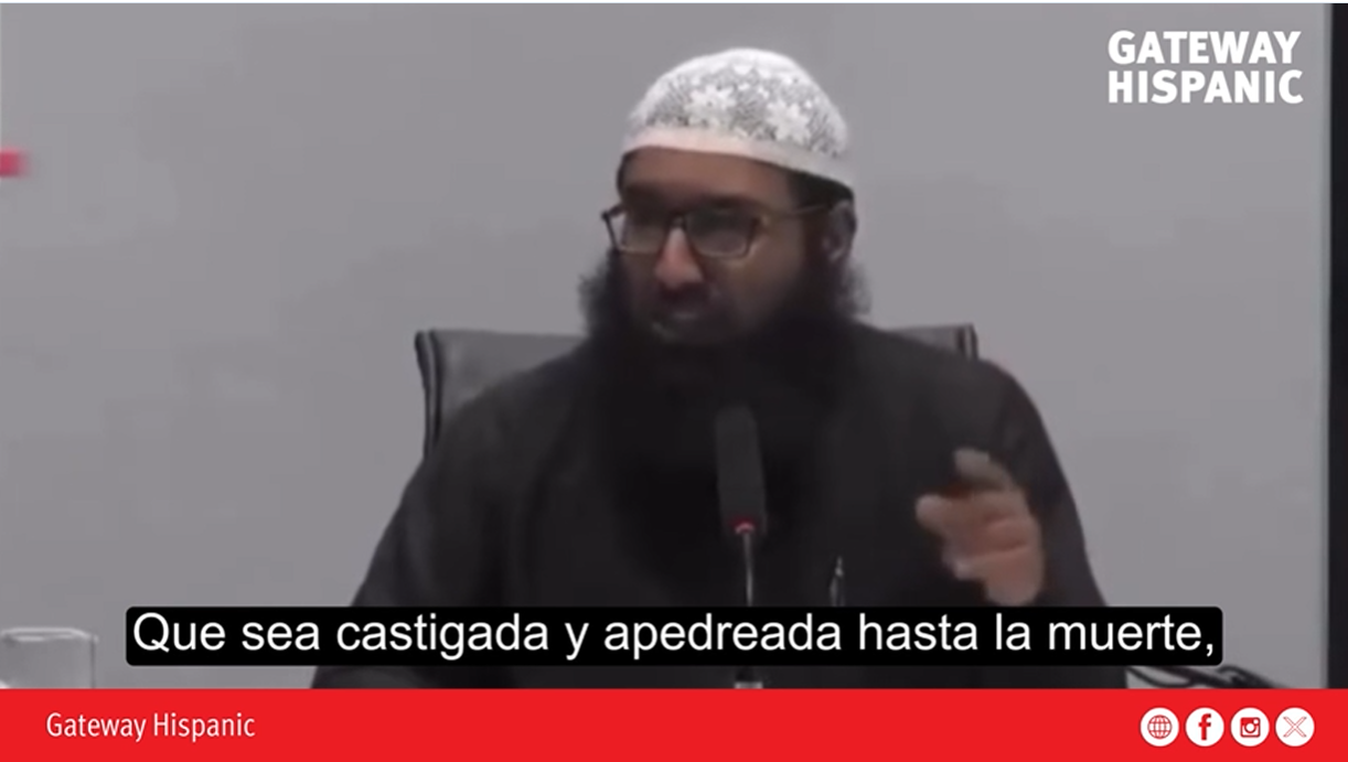 Islamic scholar discussing controversial topics during a lecture, emphasizing severe punishments in a religious context.