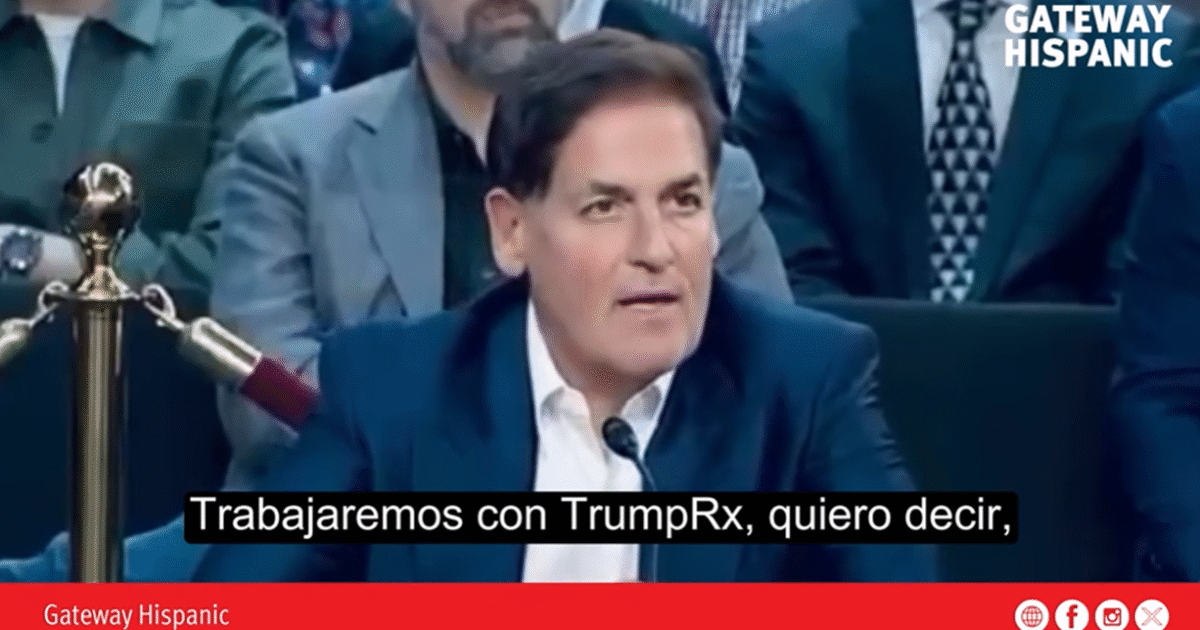 Mark Cuban speaking at a conference, discussing collaboration with TrumpRx, with an audience visible in the background.