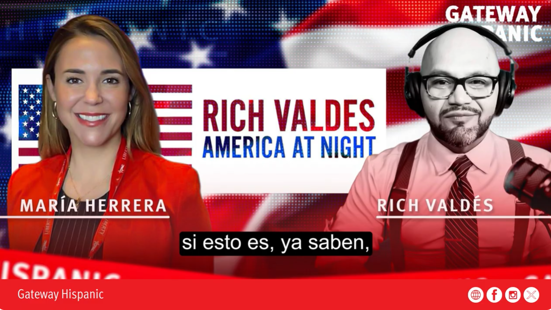 Maria Herrera and Rich Valdés host a segment of "America at Night" on Gateway Hispanic, featuring discussions relevant to the Hispanic community.