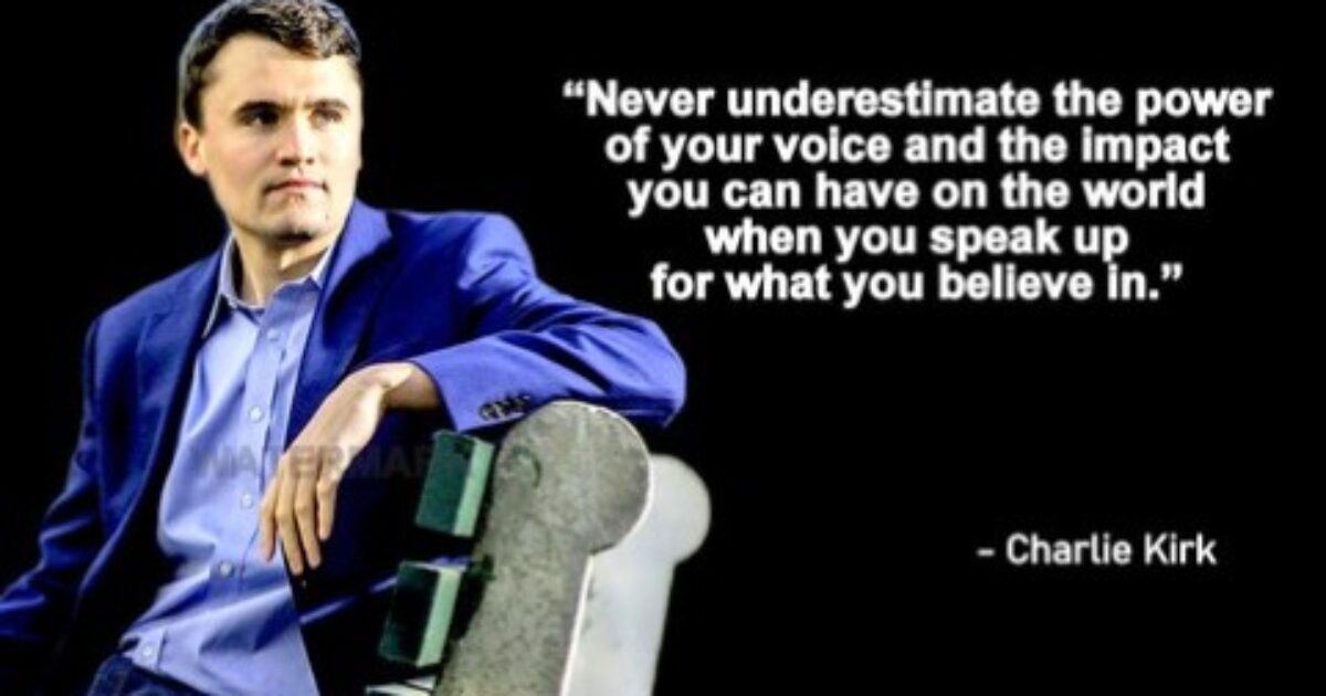 Charlie Kirk sitting on a bench, wearing a blue jacket, promoting the importance of speaking up for one’s beliefs and the impact of individual voices.