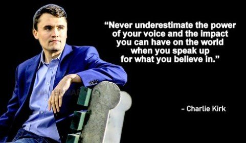 Charlie Kirk sitting on a bench, wearing a blue jacket, promoting the importance of speaking up for one’s beliefs and the impact of individual voices.