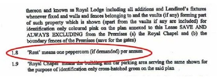 Lease agreement excerpt defining rent as one peppercorn per annum for Royal Lodge property.