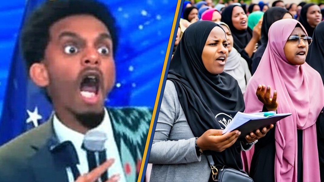 A split image showing a surprised man on stage and a group of women in hijabs passionately expressing their views during a protest or event.