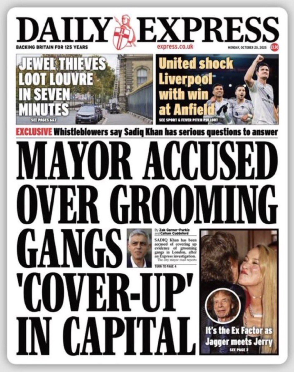 Front page of the Daily Express featuring headlines about Sadiq Khan's alleged cover-up of grooming gangs, jewel thieves at the Louvre, and a football victory for Manchester United.