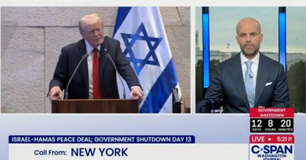 Former President Donald Trump speaks at a podium with an Israeli flag, while a host discusses the Israel-Hamas peace deal and government shutdown on C-SPAN.