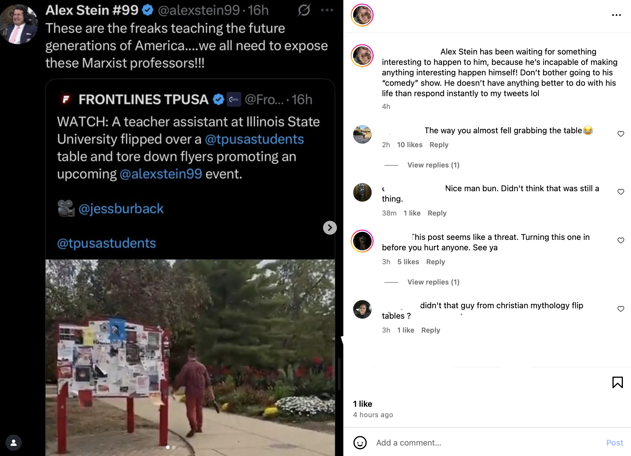 A person at Illinois State University flips over a table covered in flyers promoting an event while others watch nearby.