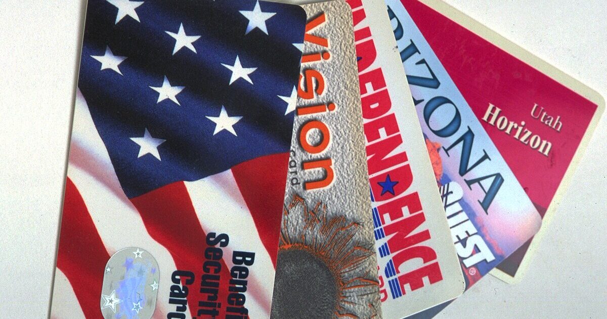 A collection of various benefit and identification cards featuring designs with the American flag and state-specific branding.