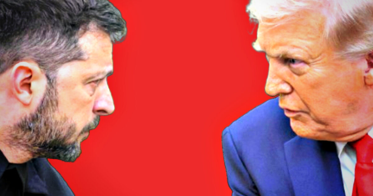 Close-up of two men in profile, engaged in a serious conversation against a red background, highlighting their intense expressions and contrasting appearances.