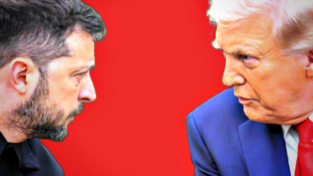 Close-up of two men in profile, engaged in a serious conversation against a red background, highlighting their intense expressions and contrasting appearances.