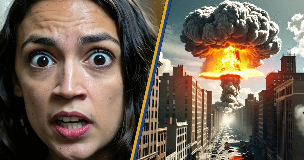 A concerned woman reacts to a nuclear explosion in an urban setting, highlighting themes of fear and disaster.