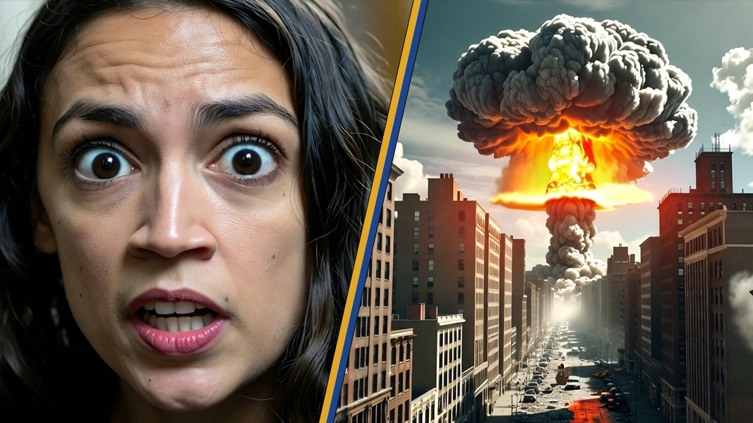 A concerned woman reacts to a nuclear explosion in an urban setting, highlighting themes of fear and disaster.