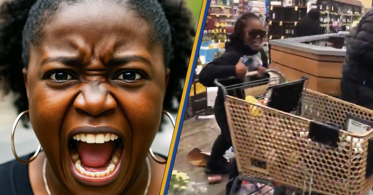 A woman screams in frustration while a child joyfully pushes a shopping cart in a chaotic store setting.