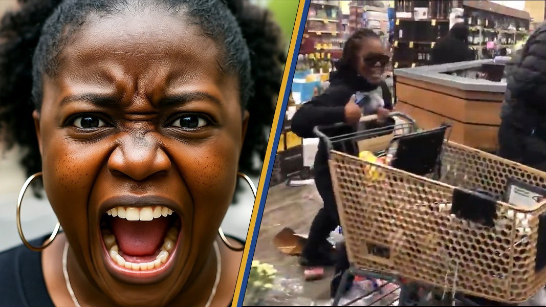 A woman screams in frustration while a child joyfully pushes a shopping cart in a chaotic store setting.