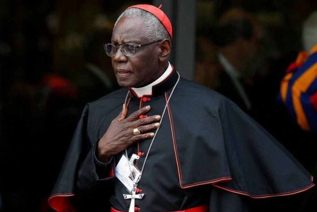 Cardinal dressed in traditional black and red robes, standing outdoors with a thoughtful expression and hand on chest, symbolizing reverence and authority.