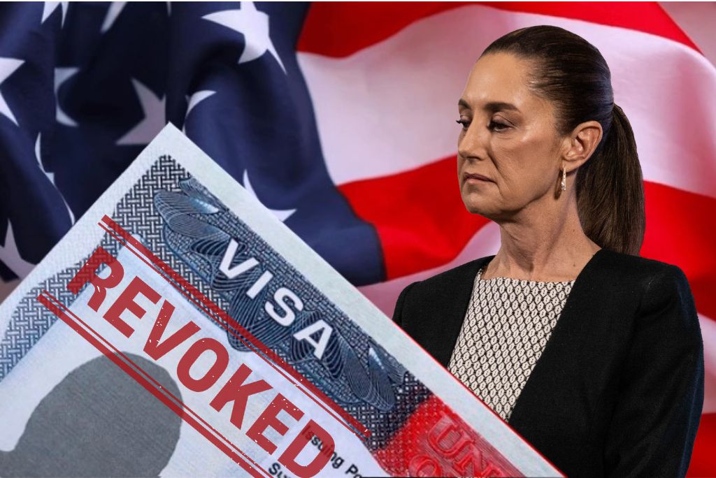 Visa revoked document in front of a U.S. flag with a concerned woman, symbolizing immigration issues and visa policy changes.