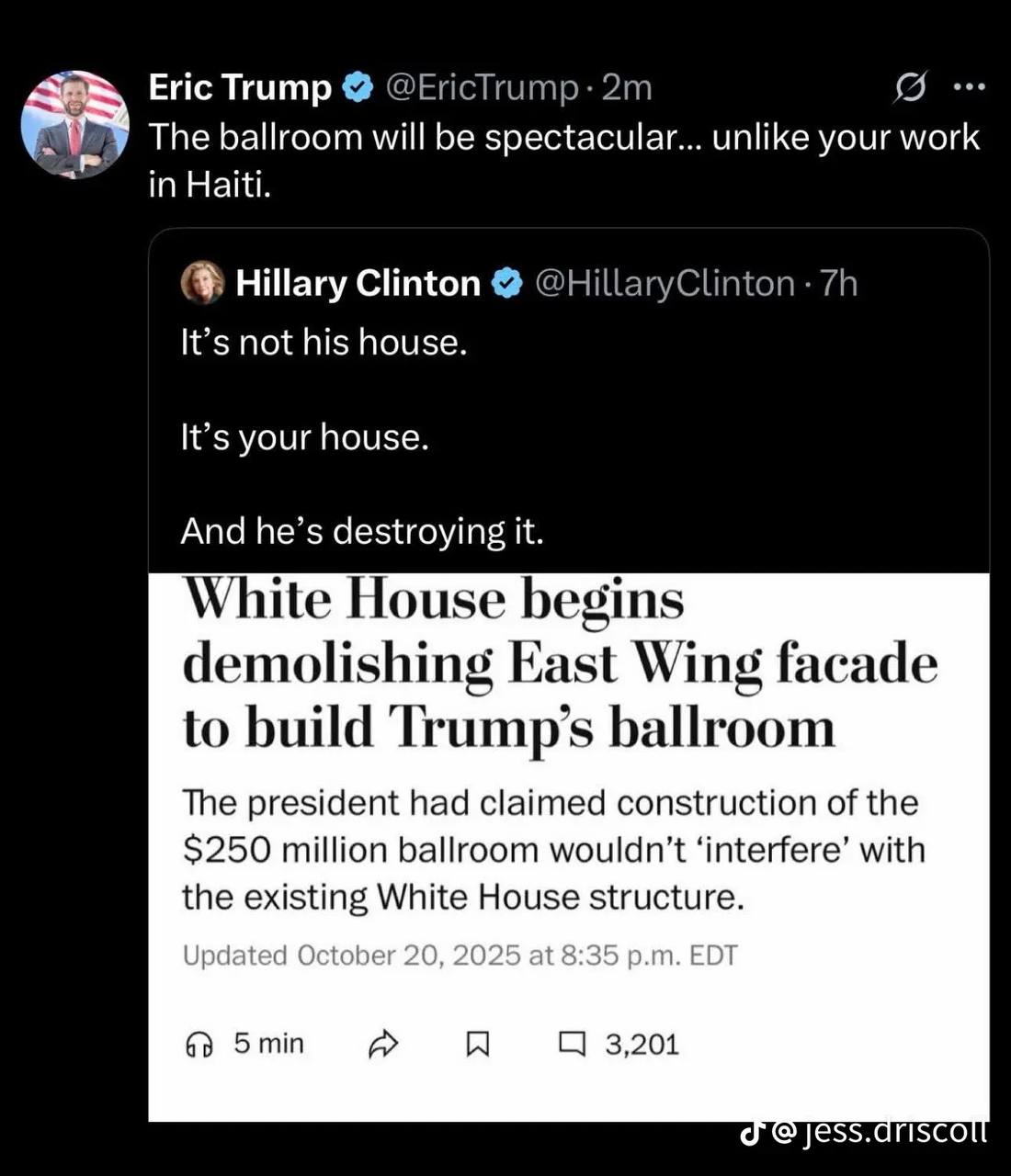 Social media exchange between Eric Trump and Hillary Clinton discussing the White House's demolition of the East Wing to build a new ballroom.