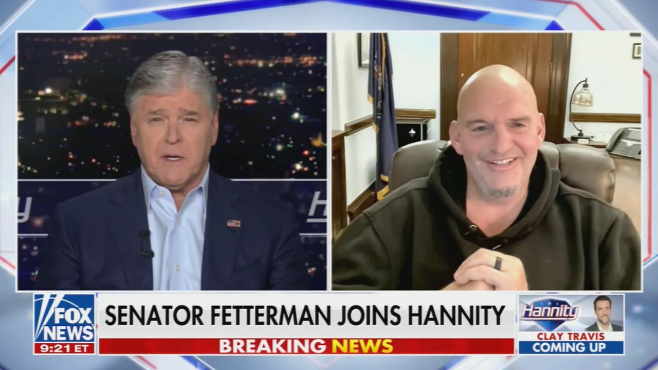 Senator Fetterman discusses key issues during an interview with Sean Hannity on Fox News, showcasing their conversation in a split-screen format.