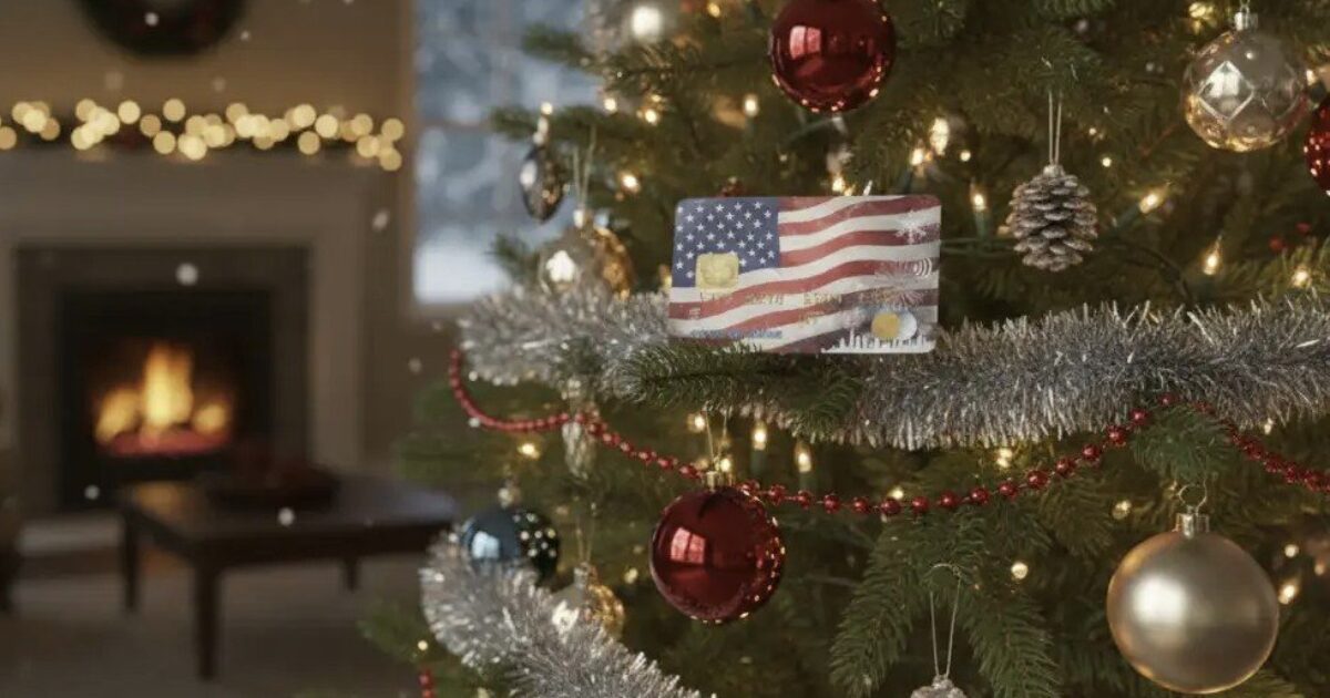 A festive Christmas tree adorned with ornaments, tinsel, and a gift box featuring an American flag design, set in a cozy living room with a crackling fireplace.