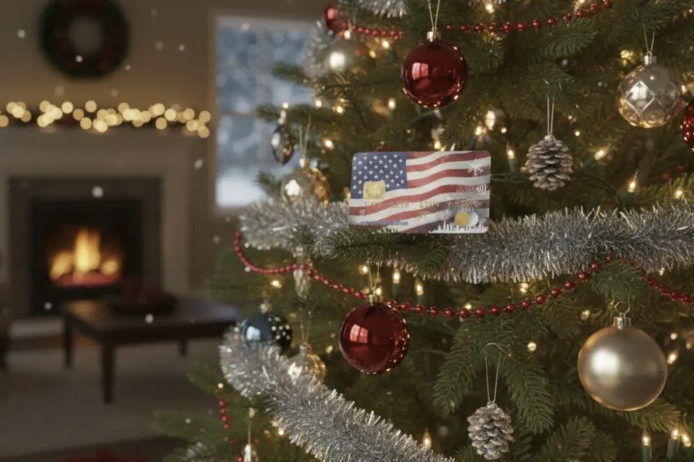 A festive Christmas tree adorned with ornaments, tinsel, and a gift box featuring an American flag design, set in a cozy living room with a crackling fireplace.