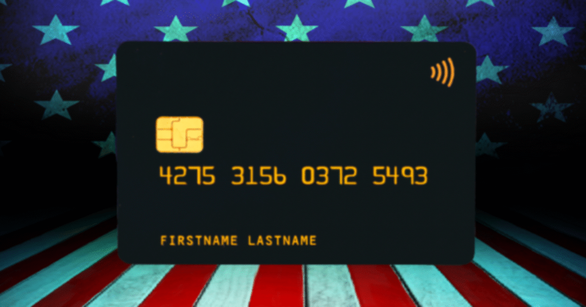Credit card displayed against a backdrop of American flags and stripes, emphasizing financial services and payment options.