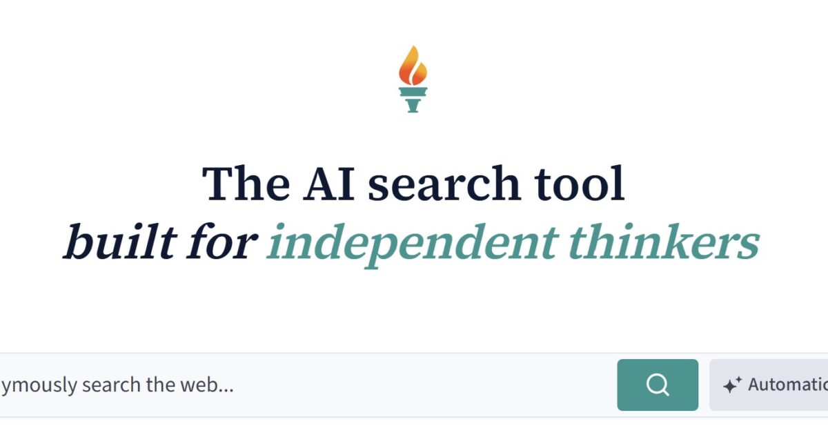 AI search tool interface designed for independent thinkers, featuring a search bar for anonymous web searches.