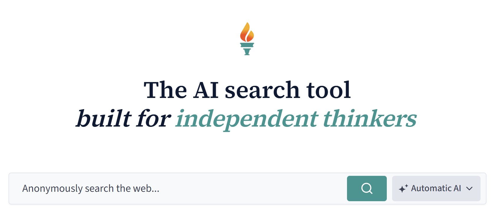 AI search tool interface designed for independent thinkers, featuring a search bar for anonymous web searches.